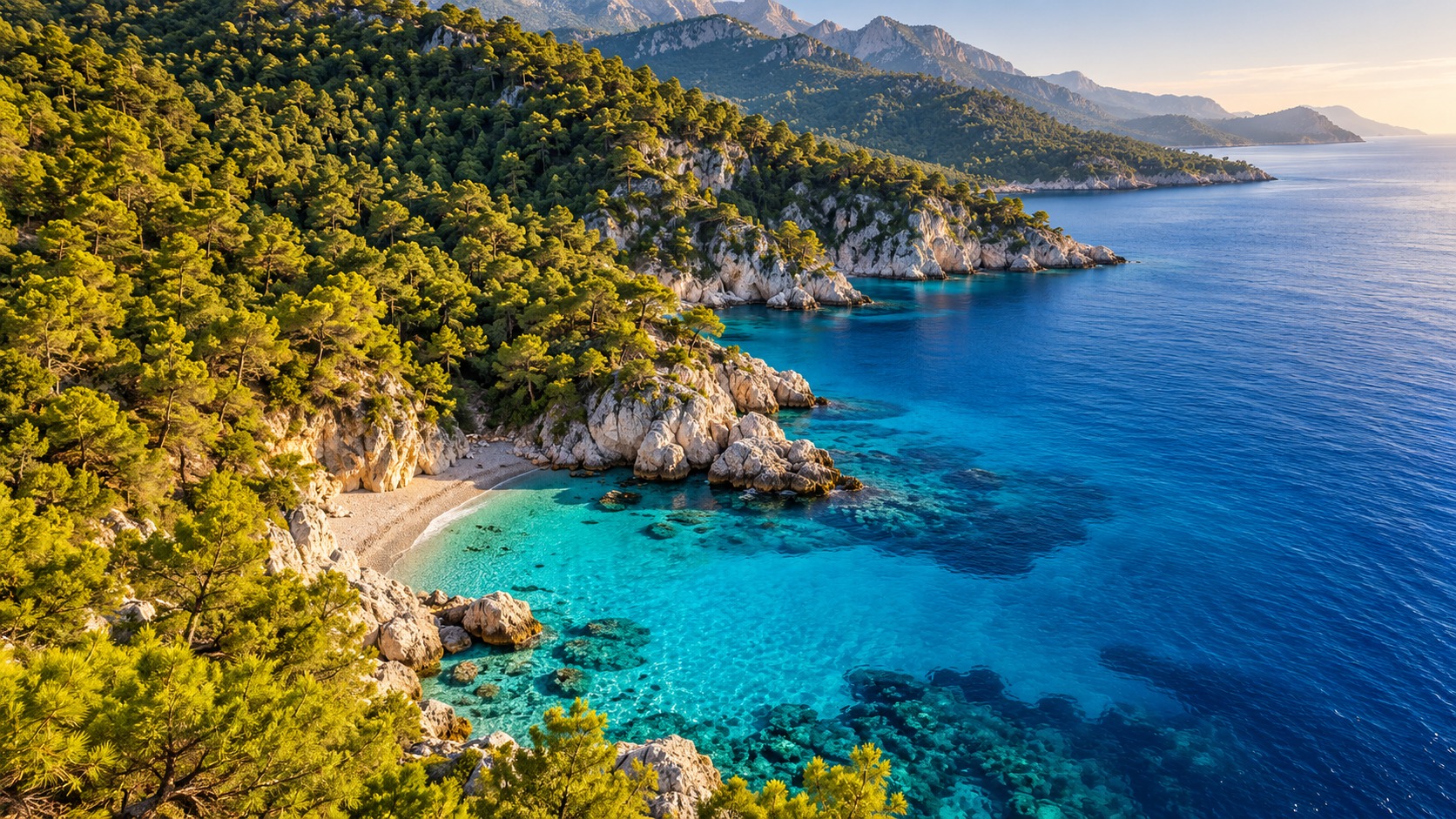 Conceptual Mediterranean coastline where turquoise sea meets pine forest