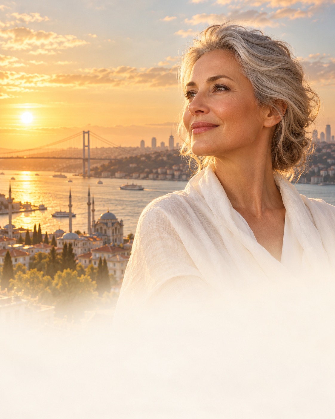Silver-haired woman overlooking Istanbul at sunset